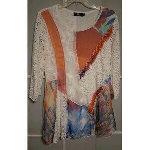 LV Collection Colorful Tunic Blouse Size M Whimsy Eyelet Lace Ruffle Accents Fun